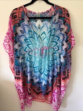 Bleu Rod Beattie. Vibrant Mandala Print Swim cover up - Turquoise, Pink, Coral.